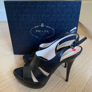 NWOT Prada black leather platform heals (Size 38 1/2)